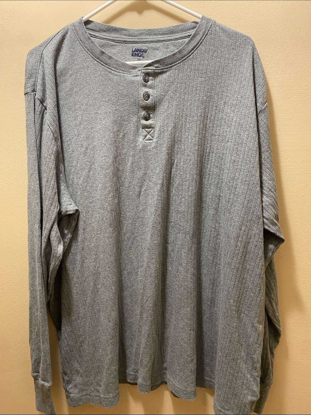 Lands' End Men's Light Gray Ribbed Henley Long Sleeve Shirt-XXL Fall Baselayer